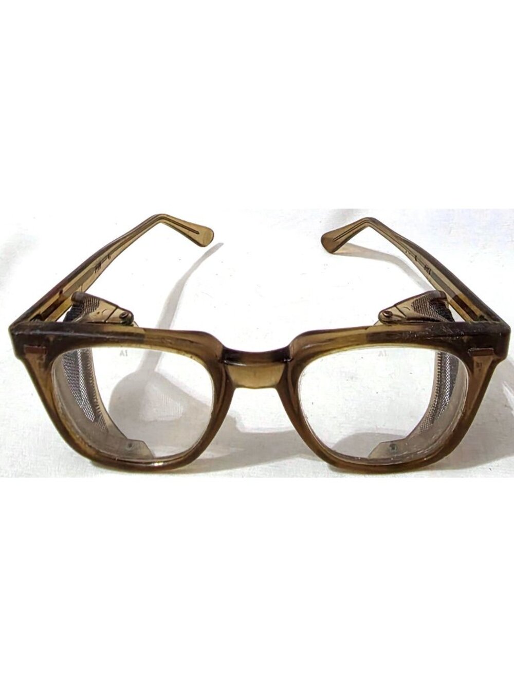 AI SAFETY GLASSES w/ mesh screen shields VINTAGE 1960s 1970s smoky gray horn rim